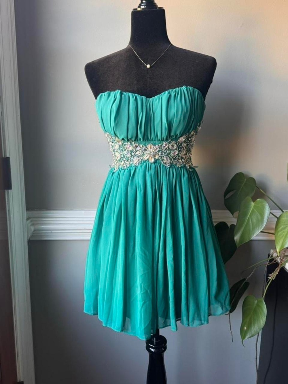 Strapless Teal Embellished Waist Maxi Dress
